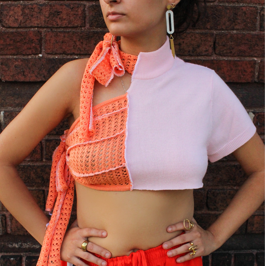 Orange Knit & Pink Tie Top